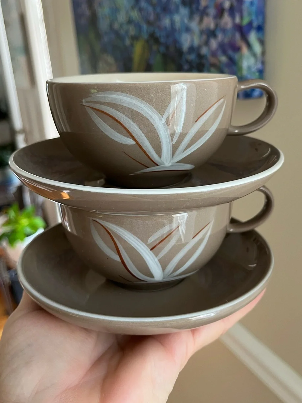 California Winfield Handcrafted Tea Cups and Saucers White Leaf Motif Set of 2